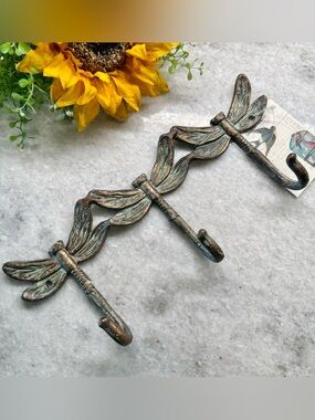 New Rustic Patina Metal Dragonfly Heavy Triple Wall Hook Decor - 13” x 5.5”